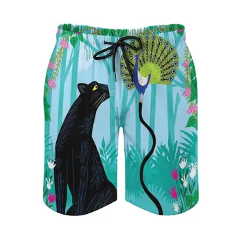 Păun Și Panther Nou Mens Inota Pantaloni Scurți Iute Uscat Plaja Bord Costume De Baie Moda Volley Shorts Pentru Animale Păsări Panterele