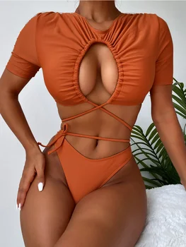 Cutat Cordon Bikini Woemn De Vară Cu Mânecă Scurtă De Moda Hollow Dantela Sus De Talie Mare De Costume De Baie Gm*