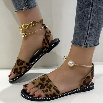 Sandale de Vara pentru Femei Roman Perla Catarama Plat, Papuci de Moda pentru Femei Leopard de Imprimare de Metal cu Margele pantofi Sandale Noi 2022