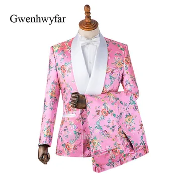 Gwenhwyfar Colorate Begonia De Flori Imprimate, Costume De Barbati De Culoare Roz Fracuri Șal Rever Dublu Rânduri De Oameni De Nunta Costume (Sacou+Pantaloni)