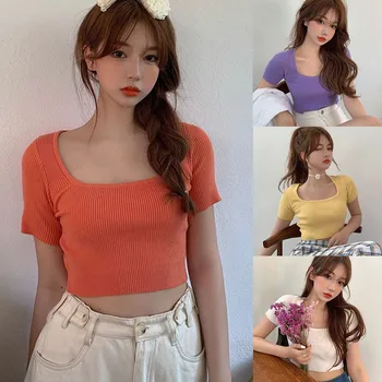 Femei Stil coreean Pătrat Guler Tricou de Culoare Solidă Maneca Scurta Tricot Slim Fit Tricou 2020