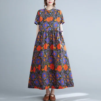 2022 New Sosire Short Sleeve Print Floral Pentru Femei De Moda Casual, De Vara Din Bumbac Trage Șir Subțire Birou Doamnă Munca Rochie Lunga