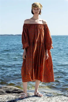 Cimano rochie galbenă, Rugina de imprimare DE pe UMĂR supradimensionate midi rochie mâneci lungime trei sferturi Femeie ROCHIE de Plaja 2019SS NOI