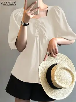 ZANZEA Moda coreeană Scurt Puff Maneca Halatului de Topuri Casual de Vara Vrac Solid Femei Bluze Ruched Față, Gât Pătrat Tunici Femme