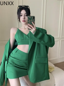 UNXX 2022 Chic Verde Supradimensionate Lung Femei Blazer V Gât Buzunare Birou Doamnă Jachete de Moda de sex Feminin Elegant pentru Femei Sacou Harajuku