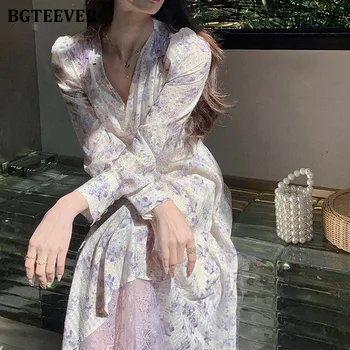 BGTEEVER Moda V-neck mâneci Rochie Floral pentru Femei Primavara-Vara Talie Subțire Femei Rochie a-line vestidos