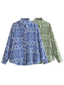 TRAF 2023 Imprimare Tricou Femei Boho Button Up Shirt Femeie Vară Satin Cămăși și Bluze pentru Femei, cu Maneci Lungi Guler de Top de sex Feminin