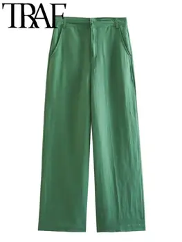 TRAF de Vară Chic pentru Femei Costum de Birou Pantaloni Cu Curea de Talie Mare cu Fermoar Buzunare Laterale Drepte Largi Pantaloni Femei Pantaloni Verde