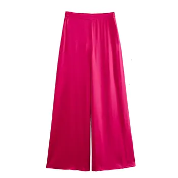 DYLQFS 2023 NOI de Vara Femei Culoare Solidă Fermoar Decor Vintage Dulce Streewear Mătase Pantaloni Largi Picior