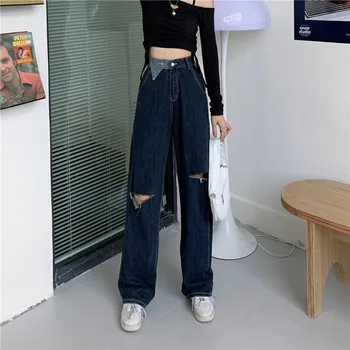 Epocă Blugi de culoare Albastru Închis Y2k Moda Streetwear Fundul Largi Pantaloni din Denim pentru Femei Talie Mare Picior Drept Design Personalizat ' 90