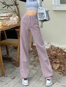 Syiwidii Roz Blugi Cu Talia Inalta Femei De Primăvară 2023 Noua Moda De Înaltă Waisted Blugi Largi Picior Elegant, Chic, Casual, Blugi Drepte