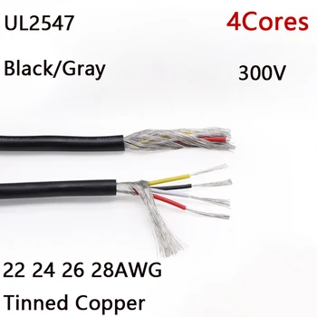 4Cores Negru/Gri UL2547 PVC Cablu de Comandă Ecranat de Sârmă 22 24 26 28AWG Cupru Cositorit 300V