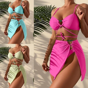 Inima Inel Legate Bikini Set 3 Piese costume de Baie pe Plajă cu Spatele gol din Dantela-Up Costume de Baie cu Sarongs Acopere pentru Femei biquini