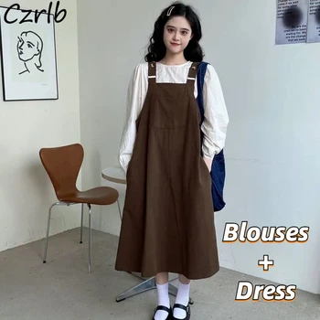 Seturi De Moda Pentru Femei Retros Toamna Epocă Japoneză Dulce Marfă Salopete Vrac Rochie Cu Maneca Lunga Bluze Preppy Fete Licitație Chic