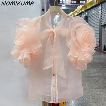 Nomikuma 2023 Vara Noi 3D Flori Ciufulit Perspectivă Tricou Femei Șic Arc Bandaj V-neck Top de Moda Blusas De Mujer