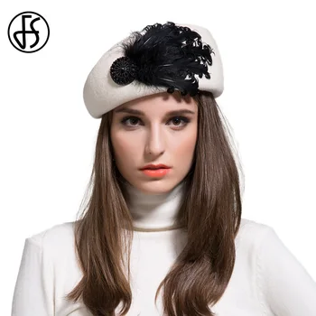 FS francez Alb Bereta Elegant de Pălării de Top Pentru Femei Cu Chic Pene Negre de Lână Simțit Pălăriile Doamnelor Toamna Iarna Stewardesă Capac