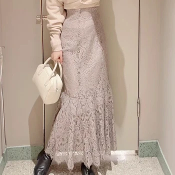 Neploe 2023 Primăvară Coadă De Pește Lung De Basm Femei Fusta Japoneză Hollow Out Dantelă Talie Mare Mujer Faldas Moale Elegant Slim Fit Jupe
