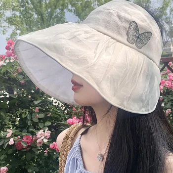 Fluture Plasă Elegant Gol Capace pentru Femei de Vara Pliabil Mare Streașină de protecție Solară Plajă Pălăria în aer liber, Ciclism Umbra Pălării de Soare