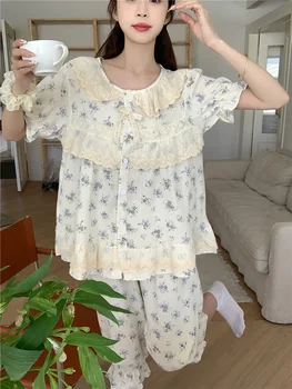 Soft Print Cu Maneci Scurte Coreean Sweet Home Casual Elegant Set De Pijama Femei Uri Trunchiate Pantaloni La Modă, O-Neck Sleepwear