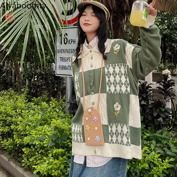 Mori Fata De Toamna Iarna Pentru Femei Cardigan Roz Verde Rosu Geometrice Pulover Supradimensionat Vintage Broderii Florale Largi Tricotate Palton