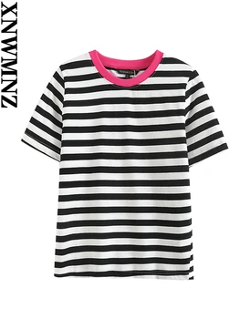XNWMNZ 2023 Femei de Moda de Culoare-blocarea Dungi cu Maneci Scurte T-shirt Femei Casual Versatil O de Gât Sus Feamel Chic T-shirt