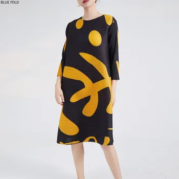 Femei Rochie de Vara Vrac Gât Rotund Print de Mari Dimensiuni Mid-lungime Miyake Cutat Temperament Rochie la Modă, Elegant Vestido Halat