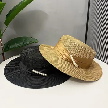 Noi Vara Britanic Retro Palarie De Soare Pentru Femei Elegant Pearl Flat Top Margine Largă Cozoroc Pălărie De Paie Pentru Fete Protecție Uv Călătorii Beach Hat