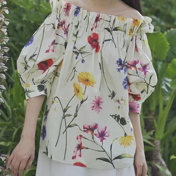 2023 Vara Femei Elegante Flori de Imprimare Jumătate maneca Pe Umăr Tricou de Moda Pierde Bumbac Bluza Pista Casual de Vacanta Topuri