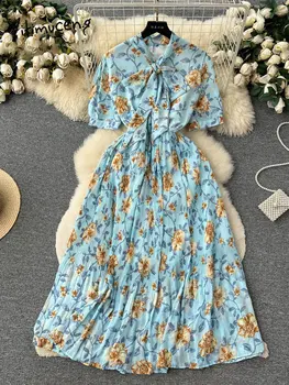 Yitimuceng Rochie de Imprimare Florale pentru Femei New Vintage Maneca Scurta Arc Falduri O Linie Fairycore Rochii Lungi Casual Șifon Dress