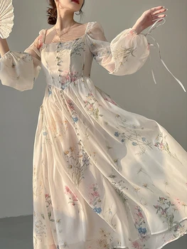 Șifon Rochii pentru Femei cu Maneca Lunga Stil francez de Moda Rochie de Fairycore Dantelă pe mâneci Midi 2023 Nouă Primăvară Rochie de Vara