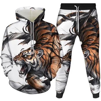 Tigru Model 3D Imprimate Bărbați Animal Trening Seturi Casual Hoodie Și Pantaloni 2 buc Seturi Supradimensionat Tricou Barbati de Moda de Îmbrăcăminte