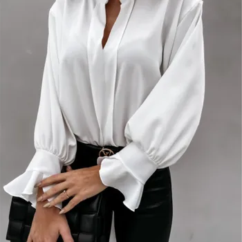 Toamna Culoare Solidă Zburli mâneci Lungi V-neck Tricou Femei Top 2023 Boheme Haine Camicia Donna Blusas Casuales De Mujer Bluza