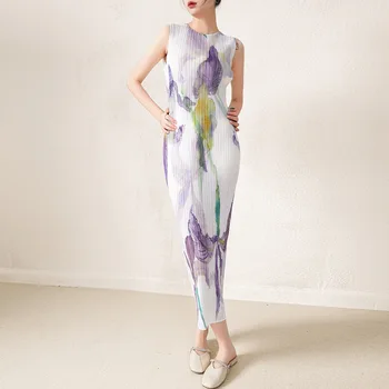 Miyake Cutat fără Mâneci Abstract Imprimate Rochie Vesta Femei 2023 Vara Noi Crewneck Dress Stil coreean Nisa Rochie a-line