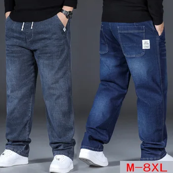 8XL Supradimensionat Blue Jeans Mens Straight Denim Pantaloni Bărbați Plus Dimensiune Blugi Pantaloni Largi de sex Masculin de Cauzalitate Pantaloni Talie Elastic Negru, Blugi