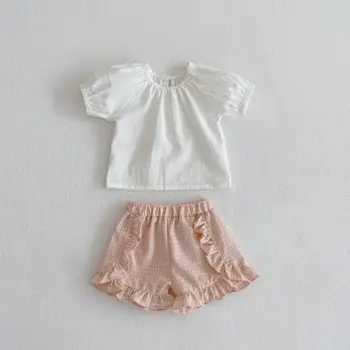 HoneyCherry Summer Infant & Copilul De Simplu Felinar Maneca Butonul Open Top + Pantaloni Scurți Carouri 2-Bucata Set Haine De Fata