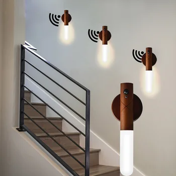 LED-uri USB Reîncărcabilă Lemn Lumina de Noapte Magnetic Wireless Muta Lampă de Perete Scări Coridor de Lumină Acasă Noptiera Dormitor Bucatarie Lămpi
