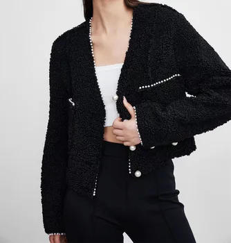 TEELYNN Casual V-neck Maneca Lunga, Paltoane pentru Femei Boho Solid Scurte de Lână Haina Vintage Perla Buton Tweed Jachete de Iarnă 2022