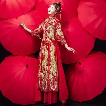 FZSLCYIYI Antice Femei Rochie de Mireasa Roșu Phoenix Broderii Florale Mireasa Chineză Căsătorie Cheongsam Costum Clasic Lung Qipao