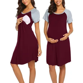 Nouă Sarcină Femei Rochie Casual Maternitate 3/4 Sleeve Culoare Solidă Mozaic Mamele Care Alăptează Pijamale Dress Vestidos