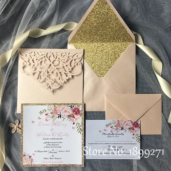 Lumina roz floare de design Carte de Invitatie de Nunta cu sclipici plic Freeprint pentru nunta/zi de naștere/petrecere/absolvire