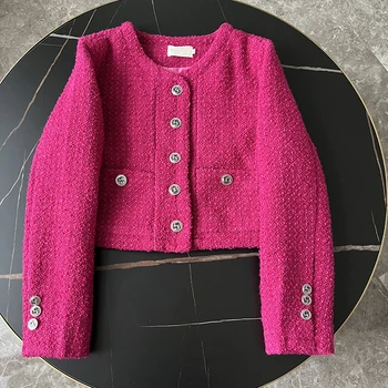 De Înaltă Calitate, Chic Francez Tweed Țesute Hot Pink Pentru Femei Sacou Scurt, Haine De Toamna De Vest Moda Casual, Haine De Femei 2023