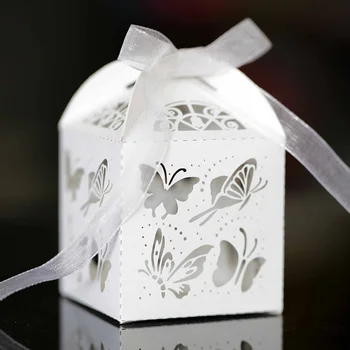 50Pcs Laser Gol Fluture Cutie de Bomboane de Ciocolată de Favoarea Nunta Cadou Ambalaj Cutie Cu Panglică Ziua de Crăciun Consumabile Partid