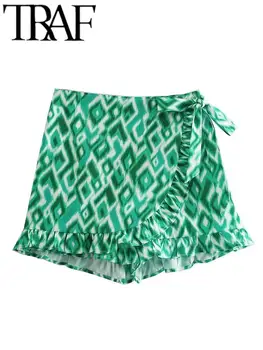 TRAF Scurte, Pantaloni Femeie 2022 Verde Geometrie Imprimare Ciuperca Folie de Dantela Chic Elegante, pantaloni Scurți de Vară
