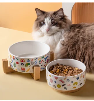 Ceramica Castron fel de Mâncare cu Lemn Sta Câini de Companie Alimente de alimentare cu Apă Pisici Catelus Câini de talie Mică Castron Cat de Alimentare Accesorii Consumabile pentru animale de Companie