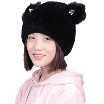 Femei iarna Real blana de iepure Rex pălărie căciuli tricotate capac pisica minunat stil de pălărie nouă sosire moda rus capace