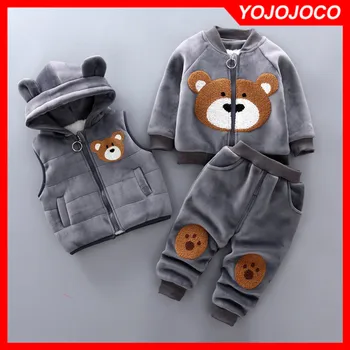 Copil haine băiat 0-4Y toamna iarna din bumbac gros cald casual pulover cu gluga de desene animate drăguț urs trei piese de costume de