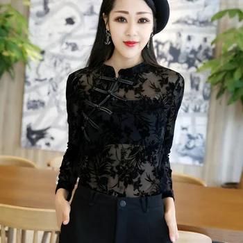 Chineză Stil de Îmbrăcăminte de Femei de Moda 2020 Asiatice Streetwear Maneca Lunga Plasă de Balck Cheongsam Sus Slim Sexy Crop-Top FF2918