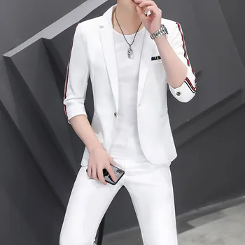 2023 costum de Vara (Sacou+ vest pantaloni) coreeană versiunea slim mid-maneca costum casual șapte puncte maneca Sacou set de două piese