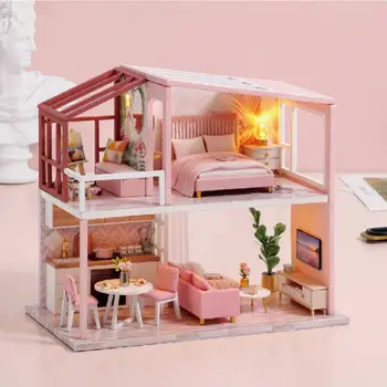 Mini BRICOLAJ in Miniatura Casa Papusa Dovada de Praf LED Model de Clădire de Învățământ Jucărie pentru Copii