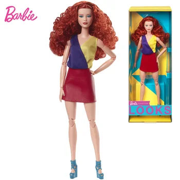 2023 Barbie Arata Papusa Ondulat Parul Rosu Culoare Bloc Tinuta cu fusta mini Papusa cu Bloc de Culoare Set Colectie de Moda Jucărie Hjw80